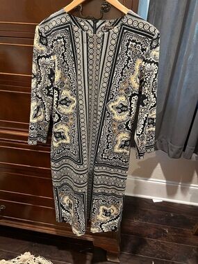 J. McLaughlin Black, Cream and Gold Paisley-Print Long Sleeve Midi Dress